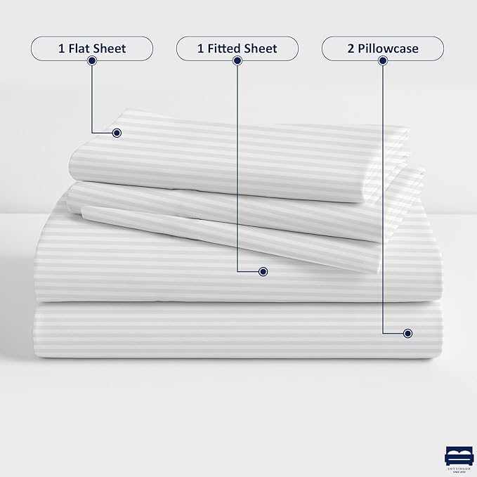 White Stripe 4-Piece Cot Bed Linen Set - 1 Fitted Sheet 33" x 75", 1 Flat Sheet 64"x 94", 2 Pillow Cases 20"x 30" Perfect for Folding Guest & Rollaway Beds