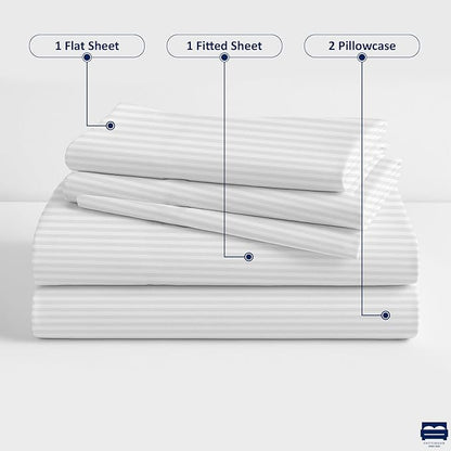 White Stripe 4-Piece Cot Bed Linen Set - 1 Fitted Sheet 33" x 75", 1 Flat Sheet 64"x 94", 2 Pillow Cases 20"x 30" Perfect for Folding Guest & Rollaway Beds