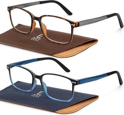 EASY READ 2 Pairs Sporty Style Reading Glasses for Men，Rectangular TR90 Blue Light Blocking Readers with Spring Hinge