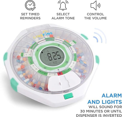 Live Fine 28-Day Automatic Pill Dispenser Clear Lid with Upgraded LCD Display and Key Lock, Sound & Light for Prescriptions, Medication, Vitamins, Supplements & More