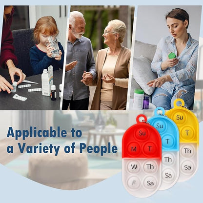 3 Pack Pill Reminder Medication Pill Tracker Bottle with Ties Reusable Daily Medication Tracker Portable with Button 7 Day Memory Aid Medication Dose Silicon for The Elderly Red Yellow Blue(3)