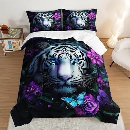 Wild Animal Themed Comforter Set Twin Size,White Leopard Floral Print Bedding Sets for Kids Teens Room Decor,Gothic Bedding All Season with 2 Pillowcases.