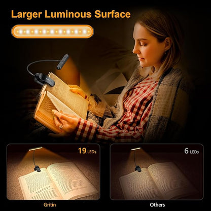 Gritin Rechargeable Book Light for Reading in Bed with 19 LED &Memory Function-Eye Caring 3 Color Temperatures,5 Brightness Levels,90 Hrs Runtime Flexible Goose Neck Clip on Light for Book Lovers