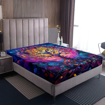 Tree of Life Boys Girls Bed Sheets,Stained Glass Leaves Abstract Room Decor,Aesthetic Nature Plant Kids Twin Size Fitted Sheet,Colorful Bedding Set,1 Pillowcase(No Flat)