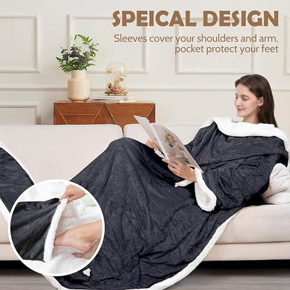 Wearable Heated Blanket with Foot Pocket, 52"x72" Electric Blanket with Sleeves for 12 Hours Timer, 6 Heat Settings, Flannel & Sherpa, Gray
