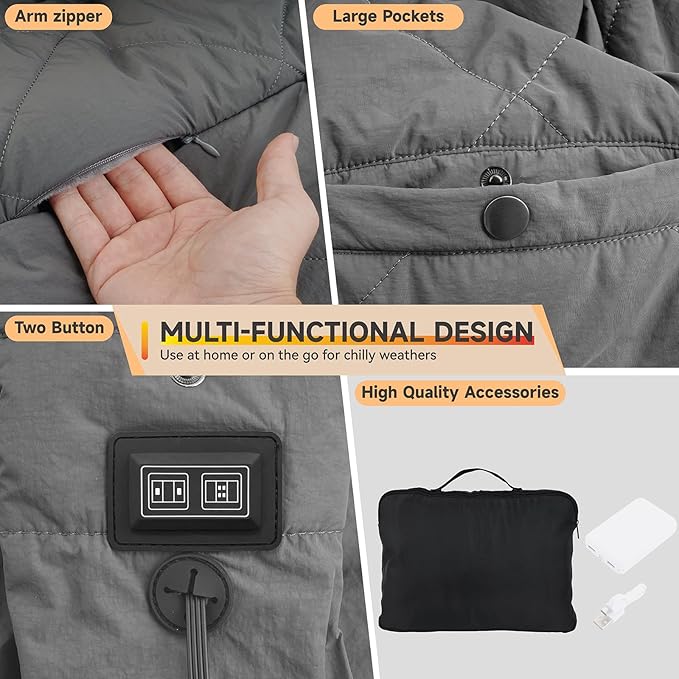 Outdoor Heated Blanket with 10000mAh Power Bank, Battery Operated Cordless Electric Heating Throw with 3 Heat Settings, Fast Heating Wearable USB Throw for Camping, Travel, Office & Home Use-Gray