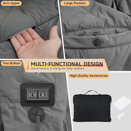 Outdoor Heated Blanket with 10000mAh Power Bank, Battery Operated Cordless Electric Heating Throw with 3 Heat Settings, Fast Heating Wearable USB Throw for Camping, Travel, Office & Home Use-Gray
