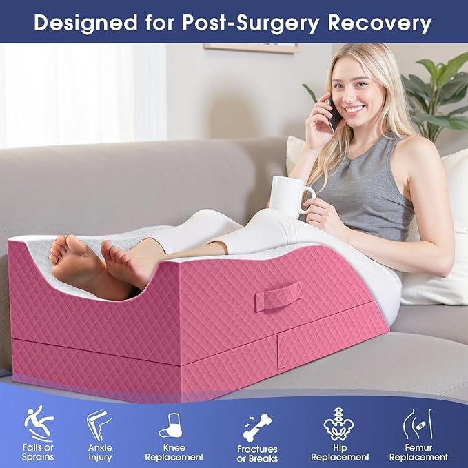 Leg Pillow, Leg Elevation Pillow with Pad and Memory Foam, Height Adjustable Bolster Pillow for Legs, Leg Pillow Elevation Blood Circulation, for Post-Surgery, Pink & White