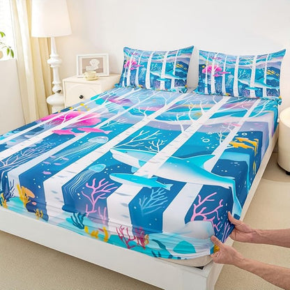 Ocean Kids Queen Size Fitted Sheet,Marine Organism Shark Room Decor,Underwater World Sealife Boys Girls Bed Sheets,Blue Bedding Set,2 Pillowcases(No Flat)