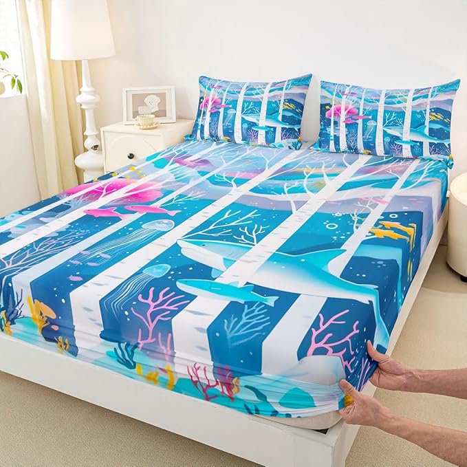 Ocean Kids Full Size Fitted Sheet,Seaweed Underwater World Boys Girls Bed Sheets,Sealife Shark Nautical Room Decor,Blue Bedding Set,2 Pillowcases(No Flat)