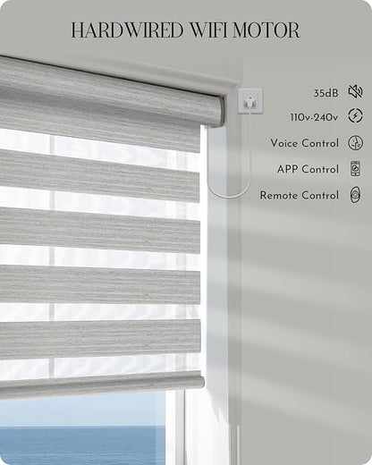 Graywind Motorized Blinds with Remote, Smart Zebra Shades for Windows, Hardwired Roller Blinds Compatible with Apple Homekit, Alexa, Google Home, Custom Size, Linen Weave Gray