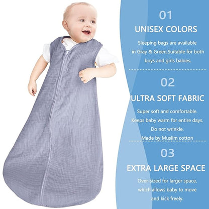2 Pack Baby Sleep Sack 0-24 Months Baby Sleeping Bag 2-Way Zipper Toddler Wearable Blankets (Gray&Green TOG 0.3, Large)
