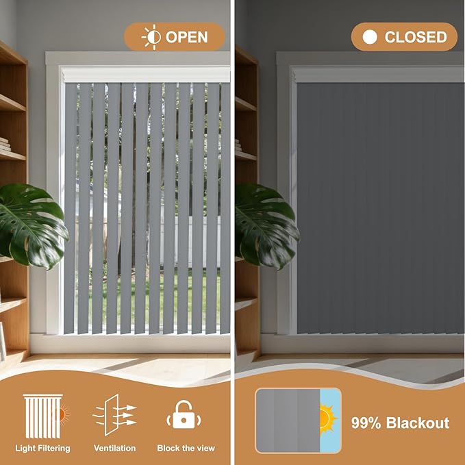 Cordless Vertical Blinds for Sliding Glass Doors, 3.5" Embossed PVC Slats with Matching Valance, Blackout Safety Window Treatment for Patio Door, Bedroom, Office, Custom Cut to Size, Strips Grey