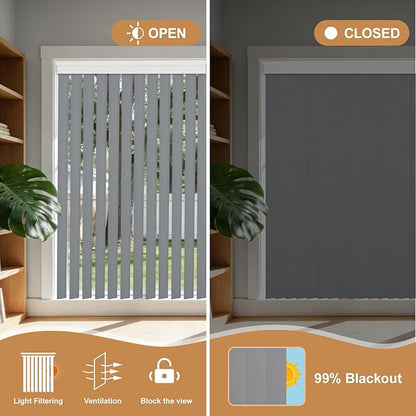 Cordless Vertical Blinds for Sliding Glass Doors, 3.5" Embossed PVC Slats with Matching Valance, Blackout Safety Window Treatment for Patio Door, Bedroom, Office, Custom Cut to Size, Strips Grey