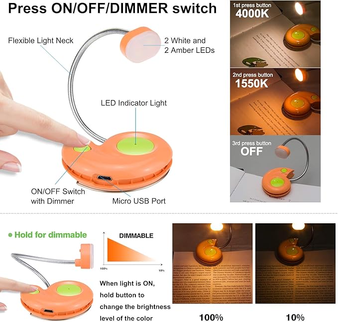 LUXSWAY Rechargeable Reading Book Light for Kids,LED Reading Lights for Books in Bed,Amber Book Light with Magnetic,Flexible Gooseneck,Cute Bookmark Lights for Bookworms-Orange