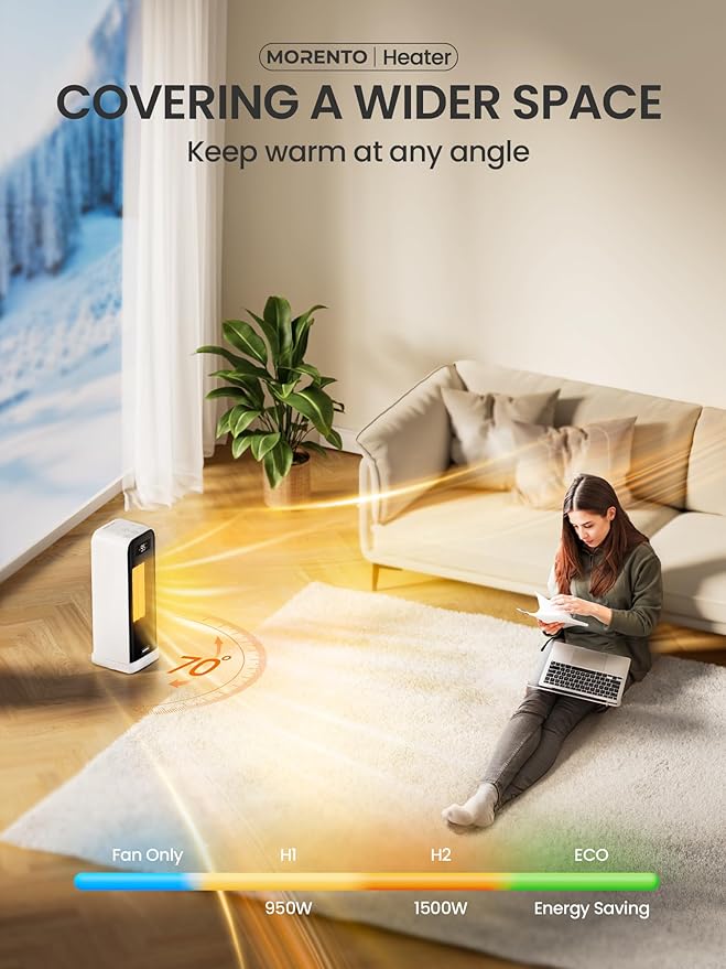 MORENTO Space Heaters for Indoor Use, Electric Portable Heater for Bedroom with Thermostat, WiFi Voice Control, 36dB Quiet 4 Modes 12H Timer, 1500W PTC Ceramic Heater for Office Home 1Pack White