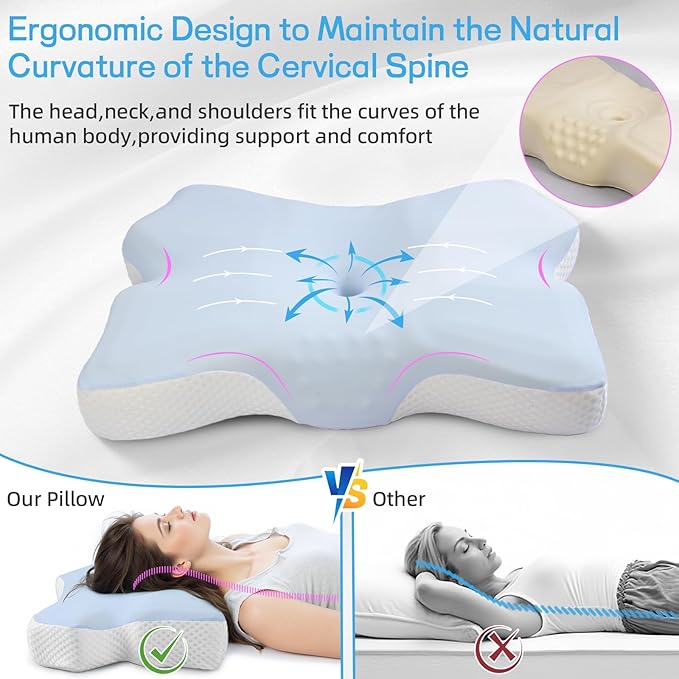 Cervical Neck Pillow for Pain Relief, Ergonomic Neck Support Pillow for Side Sleeper, Contour Memory Foam Pillows with Cooling Pillowcase Orthopedic Bed Pillow for Back Stomach Sleepers, Sky Blue