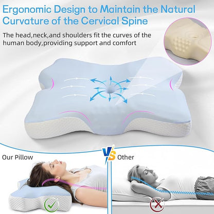 Cervical Neck Pillow for Pain Relief, Ergonomic Neck Support Pillow for Side Sleeper, Contour Memory Foam Pillows with Cooling Pillowcase Orthopedic Bed Pillow for Back Stomach Sleepers, Sky Blue