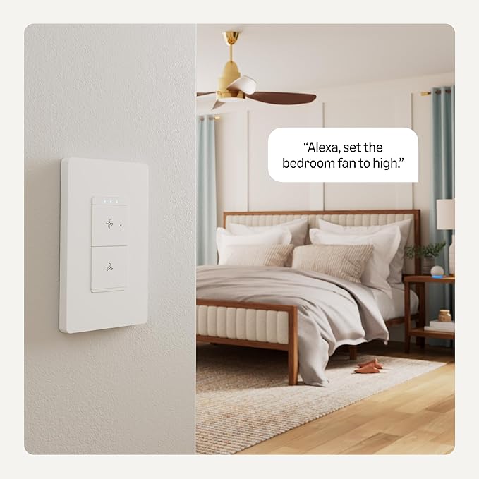 Amazon Basics Smart Ceiling Fan Control Switch, 4-Speed, Single Pole, Voice Control, Works with Alexa Only, Control from Anywhere, 2.4 GHz Wi-Fi, No Hub Required, White