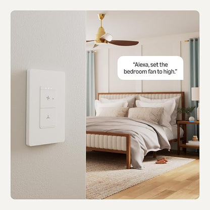 Amazon Basics Smart Ceiling Fan Control Switch, 4-Speed, Single Pole, Voice Control, Works with Alexa Only, Control from Anywhere, 2.4 GHz Wi-Fi, No Hub Required, White