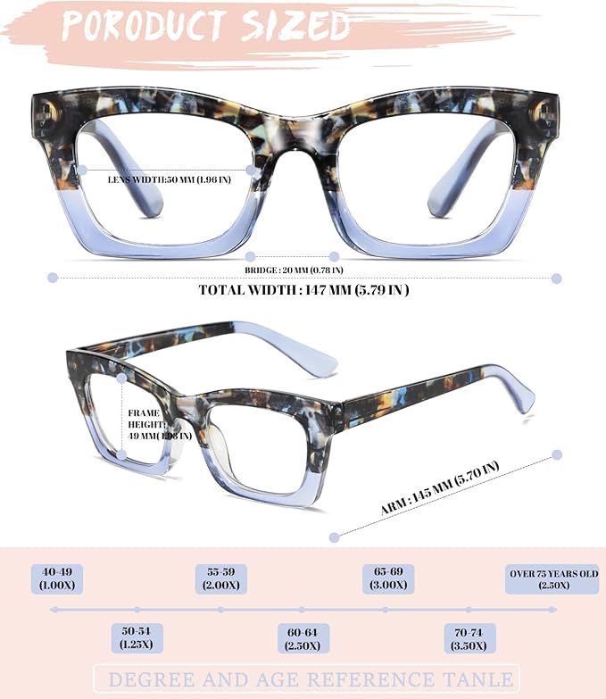 Hubeye Oprah Style Reading Glasses for Women Men Blue Light Blocking Computer Square Readers with Spring Hinge