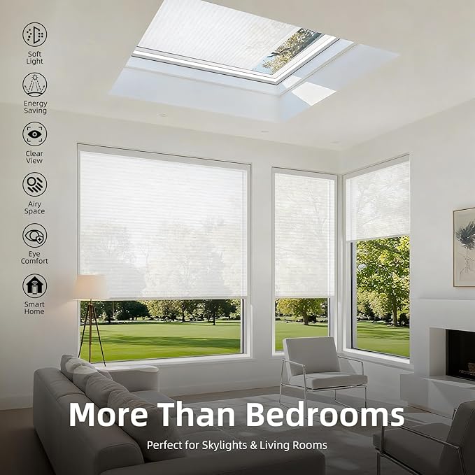 ZSTARR Motorized Skylight Shades Blackout Cellular Honeycomb Electric Blinds with Solar Panel Cordless Rechargeable with Remote for Roof and Slanted Windows Custom Size (Sheer White Metal)