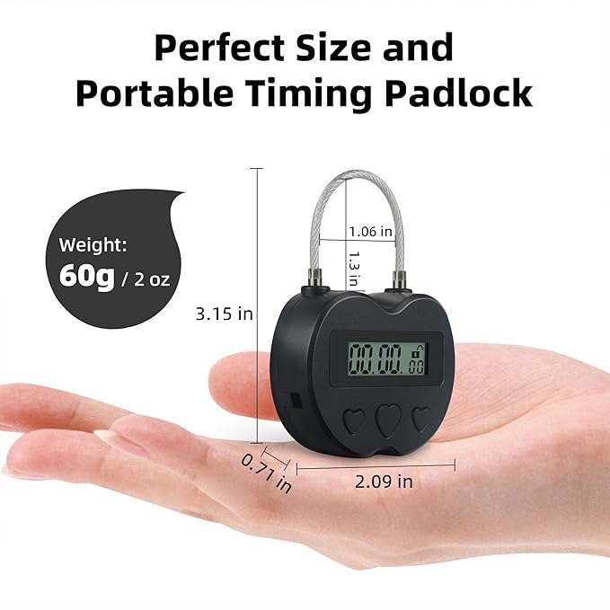 Heart Metal Timer Lock, USB Rechargeable Timer Compact Padlock with 1m Spring Cord, Up to 99 Hours Timed Self-Regulation Anti-Addiction Timer Padlock (Black)