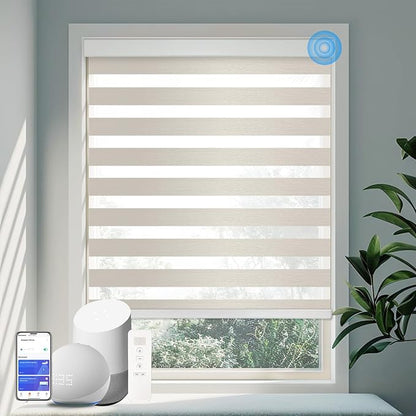 Motorized Zebra Blinds for Windows Cordless Electric Curtains with Remote Control Blackout Shades Custom Smart Blinds Compatible with Alexa Google Home(Light Filtering Beige,W56 X 72in)