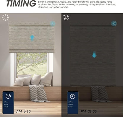 SmartWings Motorized Natural Woven Wood Shades for Windows Work with Matter Homekit Z-Wave Alexa Google, 50%/70%/100% Blackout Electric Auto Roman Shades Cordless Remote Control Customized, Linen 004