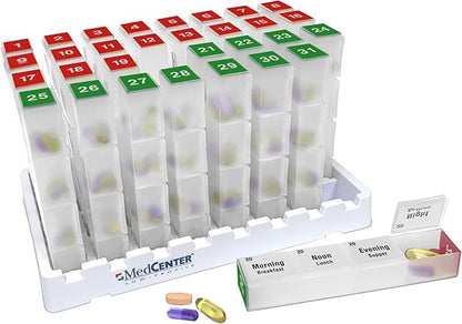 Medcenter Monthly Pill Box Organizer HSA/FSA, 4 Times a Day, Extra Large 31 Daily Pill Cases with Compartments for Vitamins, Supplements, Medication, 31 Day Pill Organizer