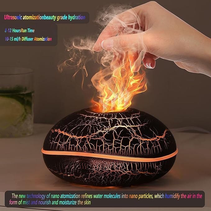 3-in-1 Aromatherapy Diffuser & Humidifier, 250ML Ultrasonic Aroma Essential Oil Diffuser with 7-Color Flame Night Light, Auto Shut-Off, 6-8H Runtime for Bedroom Yoga Office Home