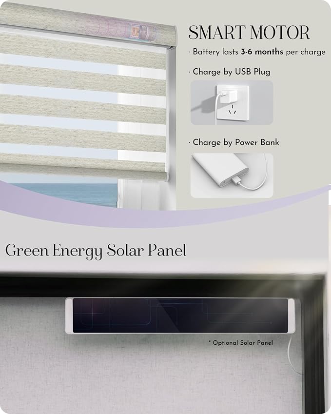 Graywind Motorized Blinds with Remote, Smart Zebra Shades for Windows, Roller Blinds Compatible with Apple Homekit, Alexa, Google Home, Custom Size, Linen Weave Beige