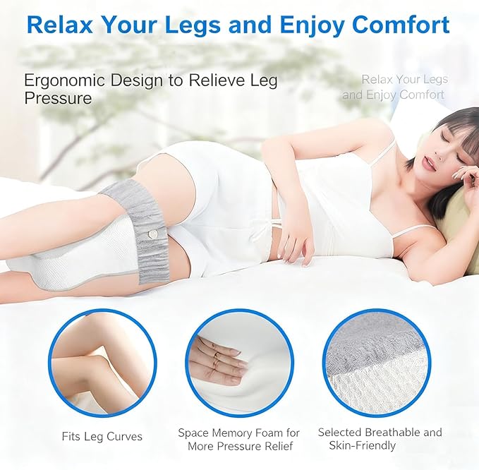 Knee Pillow for Side Sleepers, Large Comfortable Memory Foam Leg Pillow for Side Sleeping, Adjustable Strap, Pillow Sleeping Between Legs Aligns Spine (Gray)