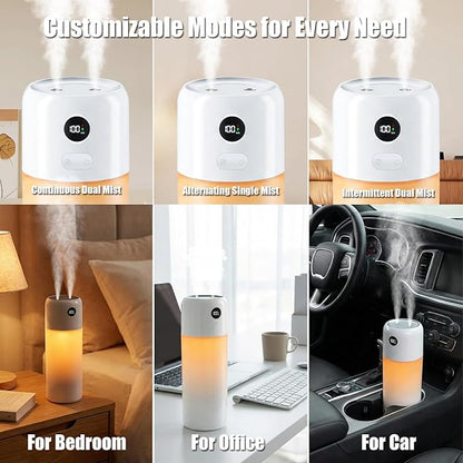 Portable Mini Humidifier, 500ml Rechargeable Dual Mist, Auto Timer & Dry-Burn Protection, with Night Light, for Bedroom Office AC Room Plants Car Travel (White)