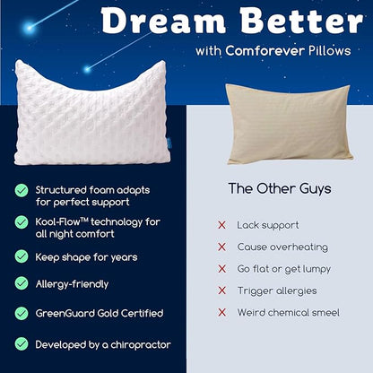 Cooling Side Sleeper Pillow for Neck and Shoulder Pain, Luxury Shredded Memory Foam Curved Bed Pillows for Sleeping Set of 2- Adjustable King Size- Washable Cover Crescent White