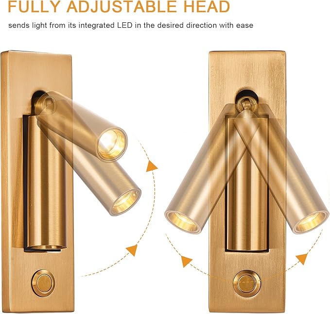 LED Wall Mounted Bedside Light, Adjustable Recessed Headboard Light with Switch, Wall Sconce for Reading, Hardwired Spotlight for Bedroom (Gold)