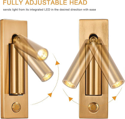 LED Wall Mounted Bedside Light, Adjustable Recessed Headboard Light with Switch, Wall Sconce for Reading, Hardwired Spotlight for Bedroom (Gold)