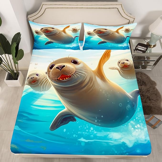 Cute Seal Kids Fitted Sheet Full Size,Sea Lion Ocean Animals Theme Bedding Set,Boys Girls Room Decor,Underwater World Marine Creature Sealife Bed Cover,Blue Grey Bed Sheet,2 Pillowcases