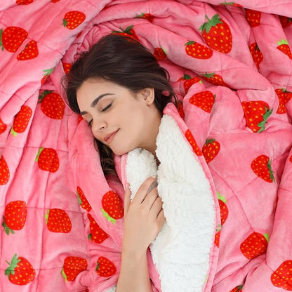 Aemicion Strawberry Pink Weighted Blanket 15lbs Twin Size 48x72in,Soft Sherpa Washable Weighted Blankets for Adults,Cozy Cute Throw Blanket Weighted as Birthday Gifts for Girls Women Mom