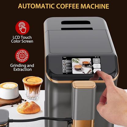 Espresso Maker With Milk Frother - Fully Automatic, 4-Beverage Options, Built-In Grinder, Intuitive Touch Display, and Sleek Gunmetal Finish