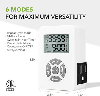 BN-LINK Digital Outlet Timer with Interval Repeat Cycle Indoor,24 Hour Programmable Outlet Timers for Electrical Outlet, Energy Saving 3 Prong Plug-in Outlet with Countdown On/Off,125V/15A/1875W