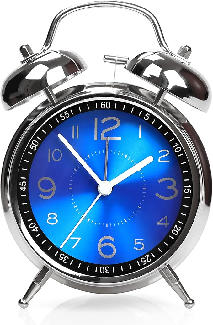 Super Loud Alarm Clock for Heavy Sleepers Adults,Twin Bell Retro 4 Inch Silent Non-Ticking Quartz with Backlight, Metal dial, Alarm Clocks for Bedrooms Bedside (Blue)