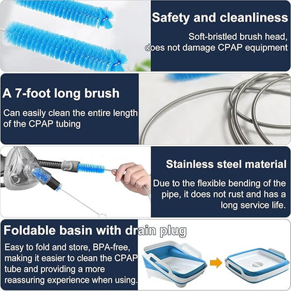 CPAP Hose Cleaning Brush Kit with Collapsible Basin – Dual-Ended 7ft Tube Brush & Small Cleaner, Anti-Slip Wash Tub with Drain Plug & Handles, Fits 15mm & 22mm Tube Cleaning
