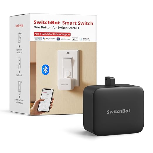 Switchbot Smart Switch Button Pusher (Bluetooth) – Fingerbot for Rocker Switch/One-Way Buttons, App Timer Control, No Wiring, Optional Hub Required for Voice/Remote, Black