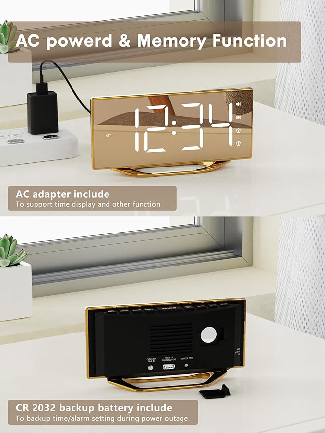 Loud Alarm Clock for Heavy Sleeper, 2 Alarms Big Display Clock with Bed Shaker for Hard of Hearing Deaf,Plug in Bedroom Mirror Clock,Phone Charger,Dimmer,Simple Digital Clock for Senior Adult Teen Kid