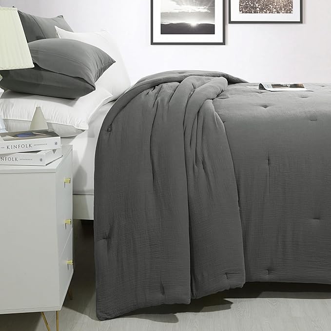 HOMBYS 100% Cotton Muslin Comforter Oversized King 128x120, Lightweight and Breathable Down Alternative Comforter,Soft Gauze Summer Dark Grey Reversible Fluffy Duvet Insert