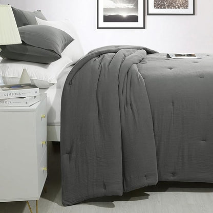 HOMBYS 100% Cotton Muslin Comforter Oversized King 128x120, Lightweight and Breathable Down Alternative Comforter,Soft Gauze Summer Dark Grey Reversible Fluffy Duvet Insert