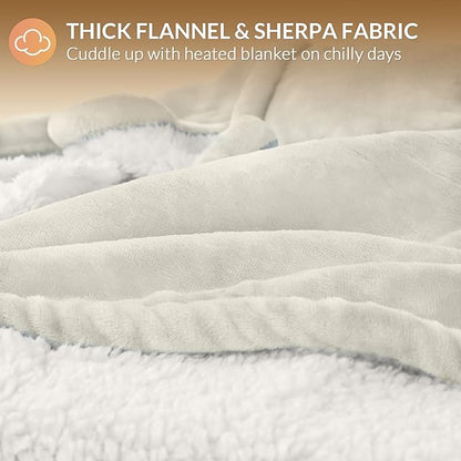 HOMLYNS LuxeHeat Heated Blanket Electric Blanket Queen Size, Soft Flannel Sherpa Heating Blanket with 10 Heat Settings, 1-10 hrs Timer Auto Shut Off (84x90 inches, Cream)
