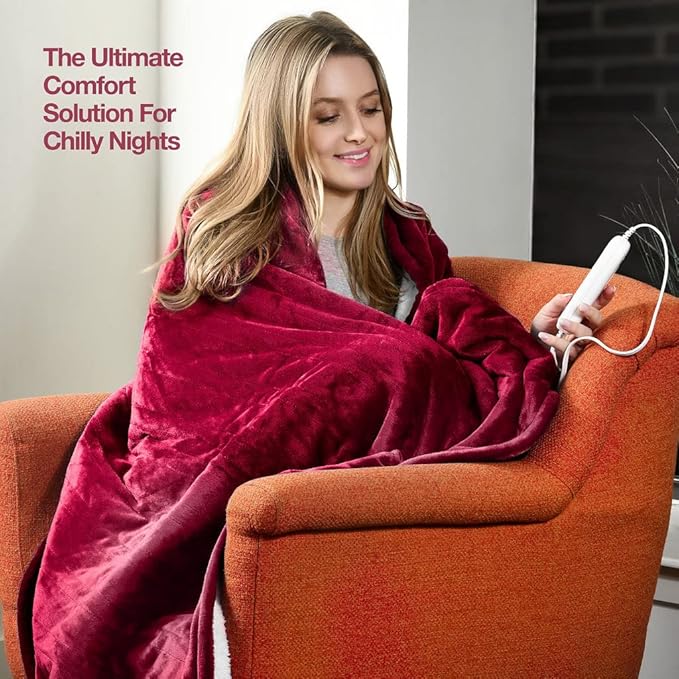 Medical king Heated Blanket, Machine Washable Extremely Soft & Comfortable Electric Blanket Throw Fast Heating with Hand Controller 10 Heating Settings & auto Shut-Off (Red, 50 x 60)