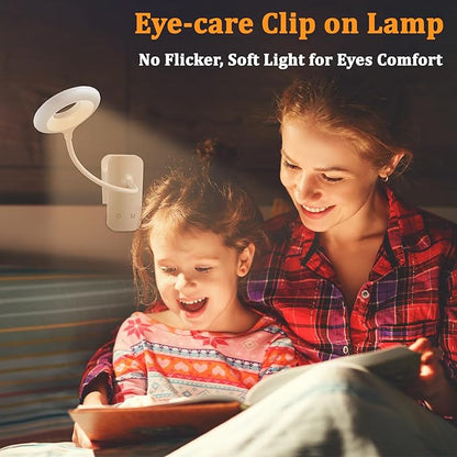 Clip on LED Reading Light, 25 Models USB Rechargeable Bed Lamp with Strong Clamp for Headboard, Eye Protection Portable Cordless Battery Lights for Bedframe Desk Table Home Office (White)